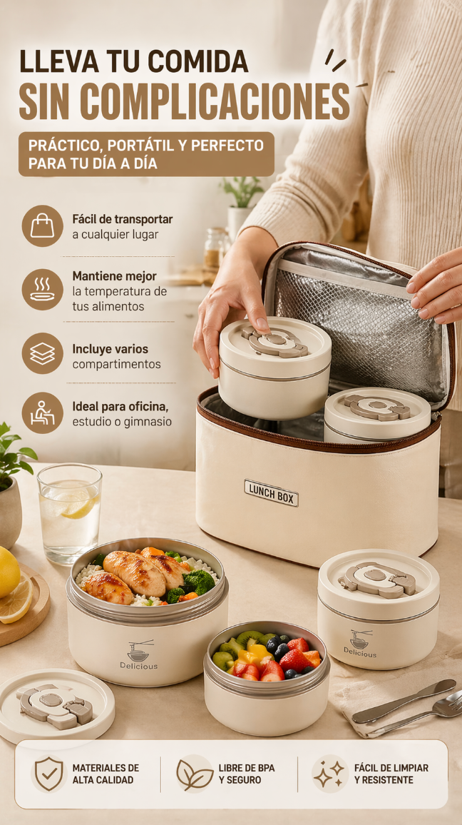 Set LunchBox Pro x4: Almuerzos Calientes y Cero Derrames en tu Oficina.